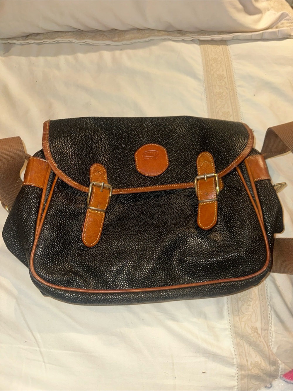 Classic Black & Brown Leather-Trim Messenger Bag
